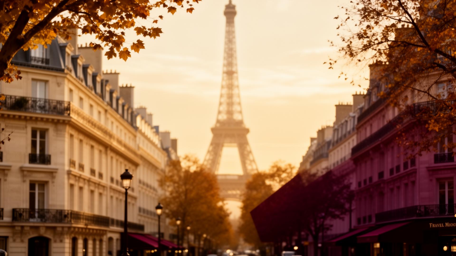 Paris skyline at golden hour with the Eiffel Tower in soft focus