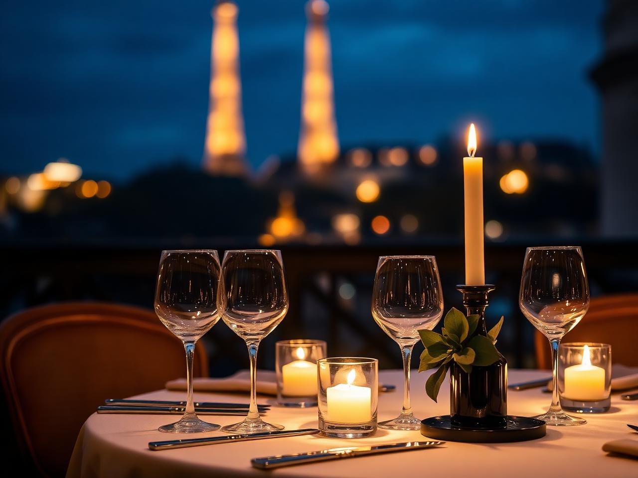 A candlelit Parisian dinner setting at night