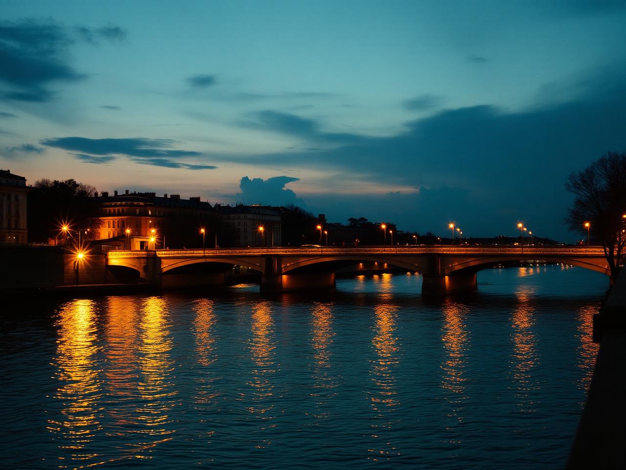 The Seine river at twilight reflecting Parisian street lights
